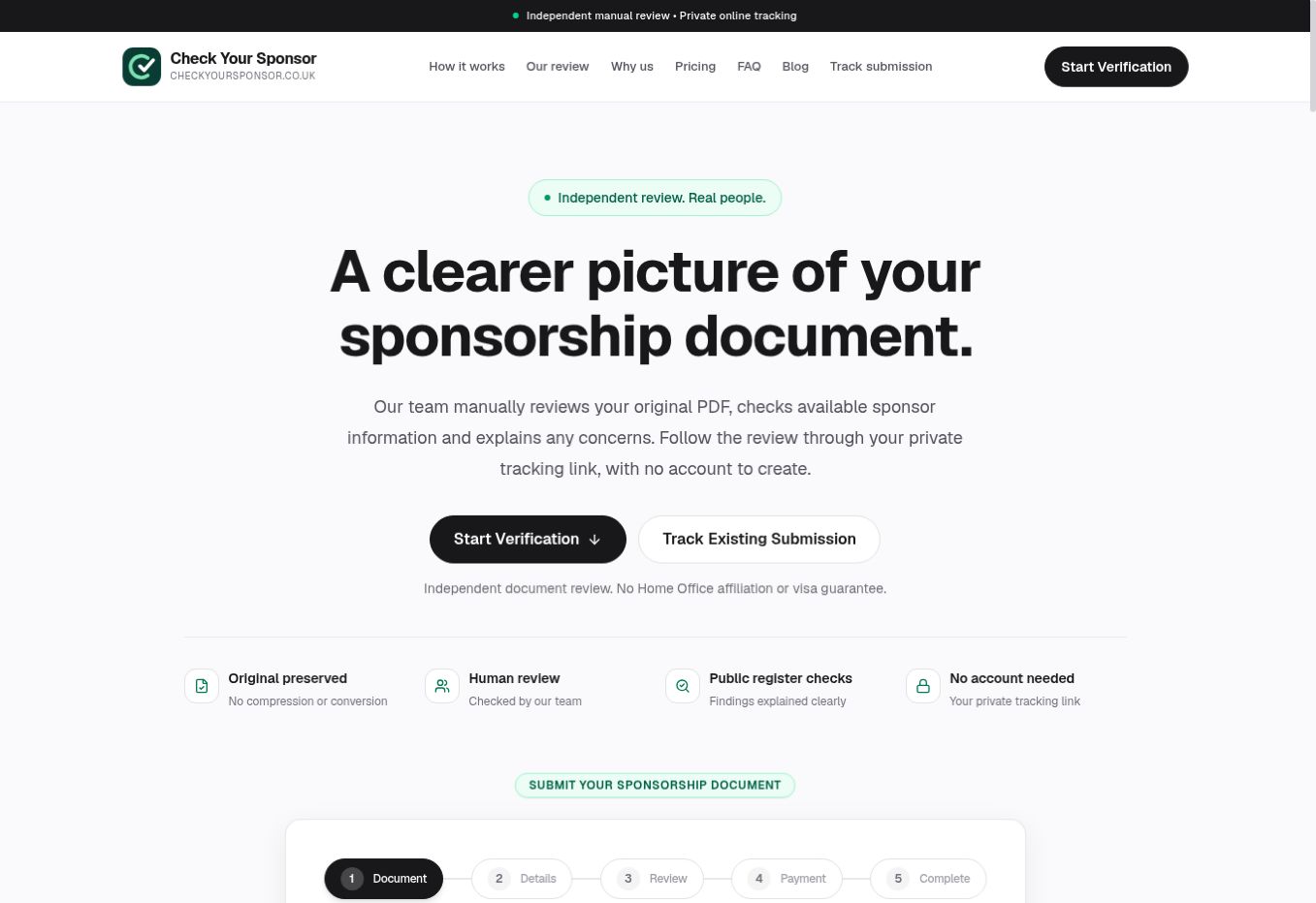 Check Your Sponsor homepage with independent manual review headline and submission links