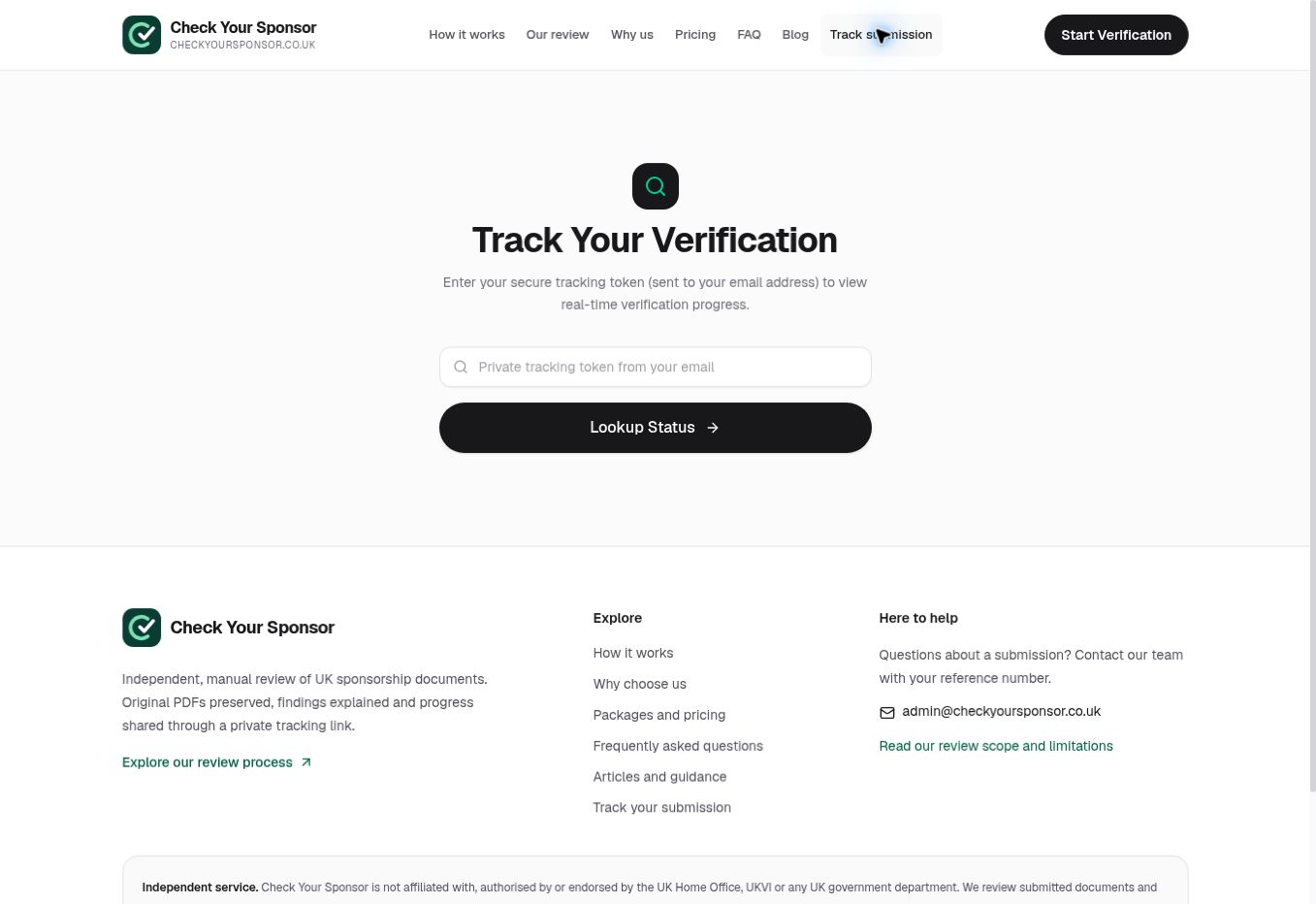 Check Your Sponsor public tracking form with an empty private-token field