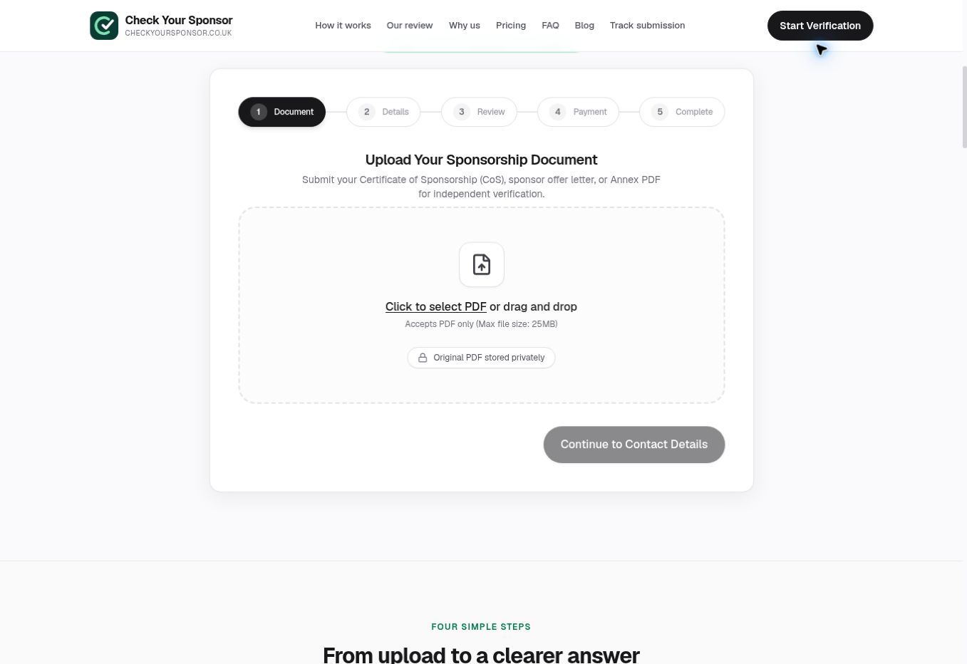 Check Your Sponsor original PDF upload interface with five-stage progress indicator