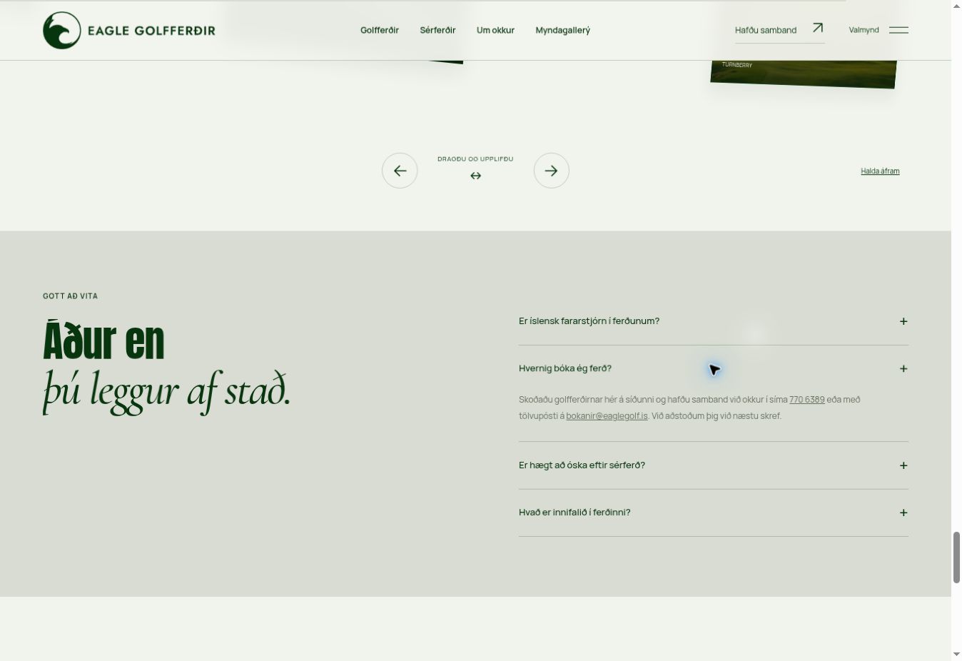 Eagle Golfferðir FAQ section with the booking question expanded