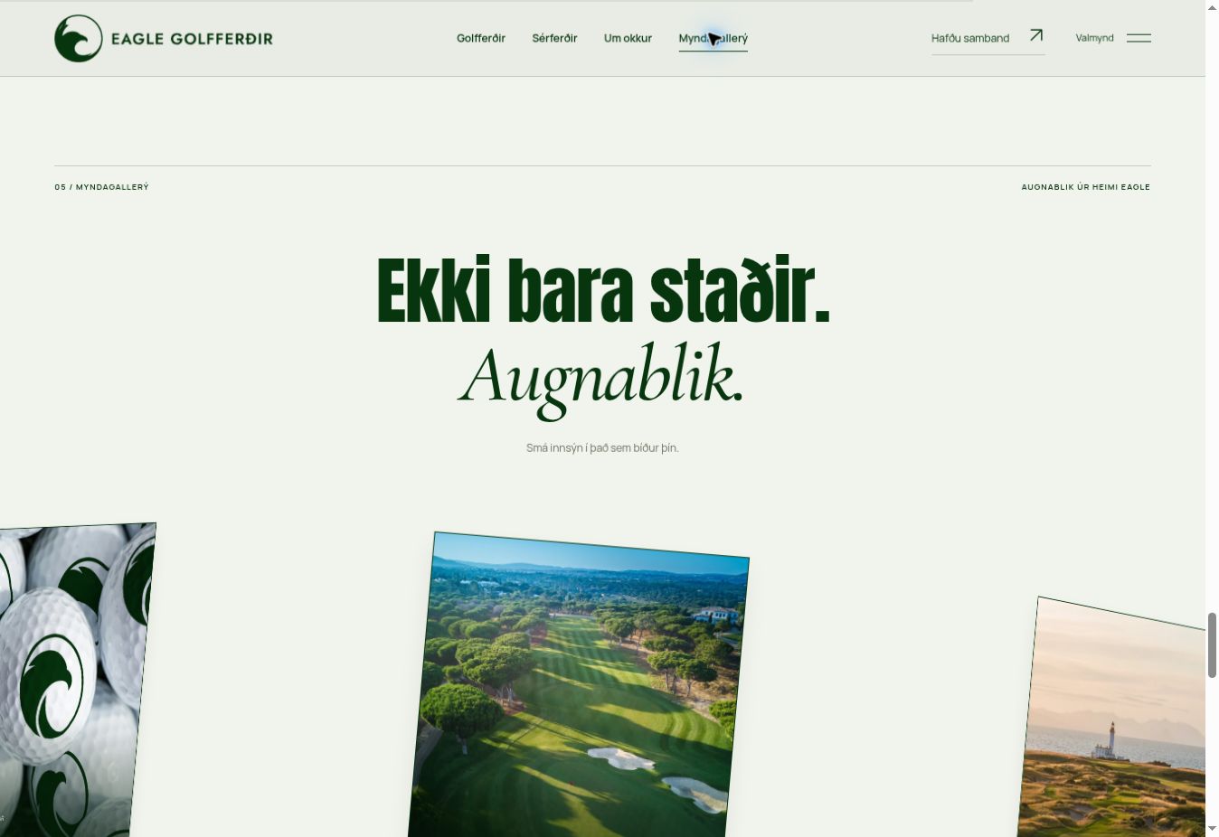 Eagle Golfferðir interactive photo gallery with tilted golf destination cards