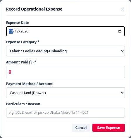 Operational expense form with date, category, a zero amount, account selection and blank particulars