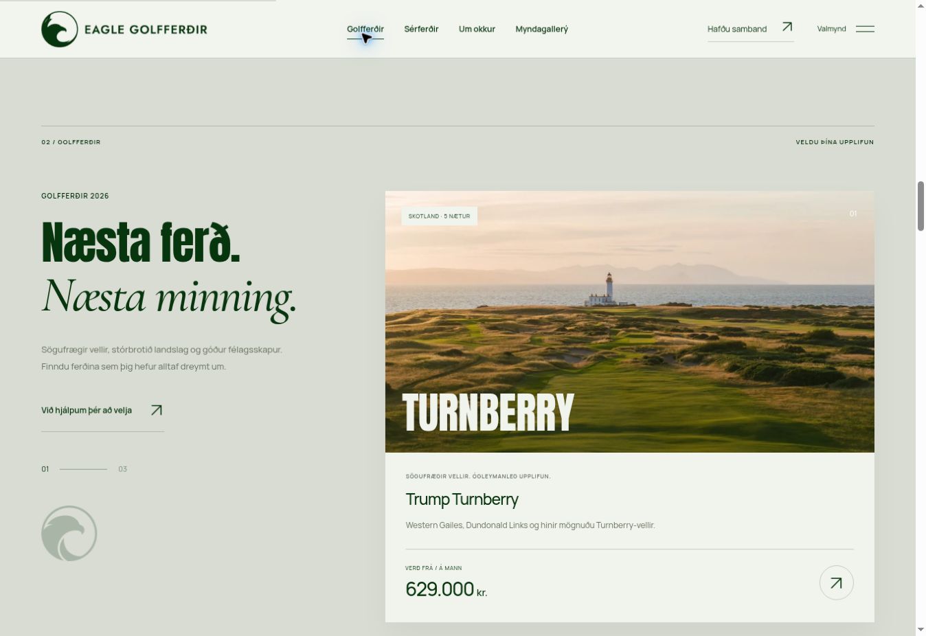 Eagle Golfferðir destination showcase displaying the Turnberry trip card